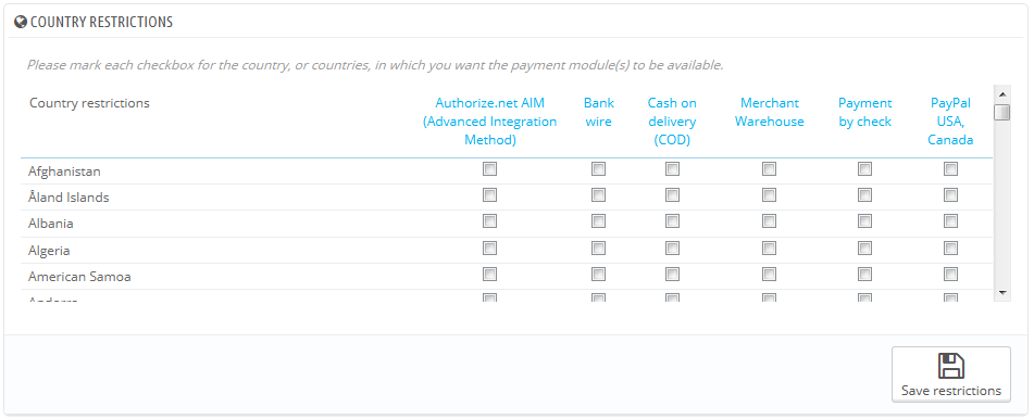 mod018 countryRestrictions en - PrestaShop Payment Preferences