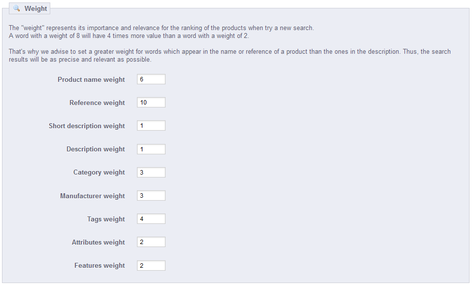 PrestaShop 1.5 > Understanding the Preferences > pref038-searchWeight.png