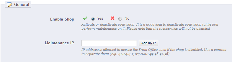 PrestaShop 1.5 > Understanding the Preferences > pref039-maintenance.png